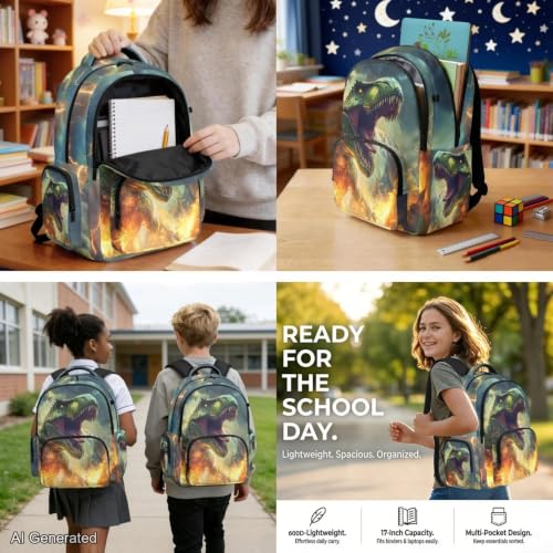 Cool Dinosaur Backpack for Kids 5-7 Boys Backpack with Lunch Box Water Bottle Carrier with Strap and Soft Pencil Case Elementary 4PCS Set Bookbag Front Side Pocket 17 inch School Bag - color: Cool Dinosaur