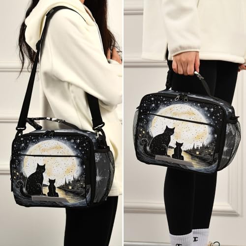 MNSRUU Student Lunch Bag Black Cat Insulated DinnerTotes Picnic Bag Lunch Box with Adjustable Shoulder Strap for Teen Kids Adults - color: Cat I0685