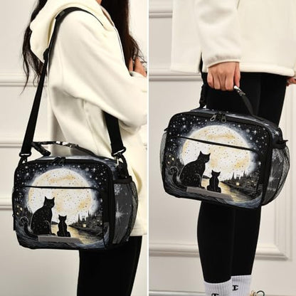 MNSRUU Student Lunch Bag Black Cat Insulated DinnerTotes Picnic Bag Lunch Box with Adjustable Shoulder Strap for Teen Kids Adults - color: Cat I0685