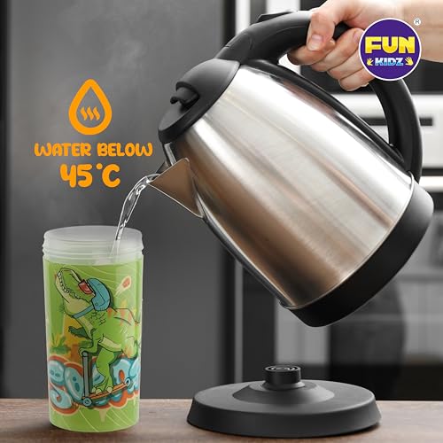 17oz Dinosaur Kids Water Bottle, Toddler Spout Cover and Carry Handle Lid Leak Proof BPA free Cup for Boys Ages 3+ Dishwasher Safe for Sports School Travel Plastic with Silicon Straw