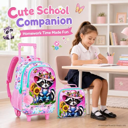 gxtvo Girls Rolling Backpack, Cute Raccoon Roller Wheels Kids Bookbag - Wheeled Elementary School Bag - 3PCS Raccoon - color: Uv Printing Raccoon Pink Rolling Backpack