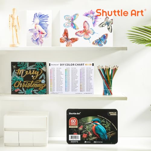 Shuttle Art 메탈릭 색연필 60개, 성인용 컬러링을 위한 색연필, 선물 틴 박스에 담긴 소프트 코어 컬러링 연필, 어린이 성인 초보자 아티스트 드로잉 스케치를 위한 드로잉 연필 - color: 60가지 메탈릭 색상