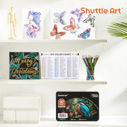 Shuttle Art 메탈릭 색연필 60개, 성인용 컬러링을 위한 색연필, 선물 틴 박스에 담긴 소프트 코어 컬러링 연필, 어린이 성인 초보자 아티스트 드로잉 스케치를 위한 드로잉 연필 - color: 60가지 메탈릭 색상