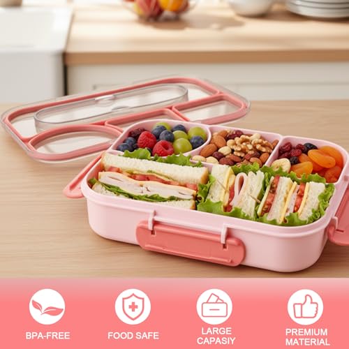 Bento Box for Adults,4 Compartments Lunch Box, Snack Containers Reusable Lunch Containers Drop-Proof, Dishwasher Safe & Made with BPA-Free Materials, Pink - color: Pink