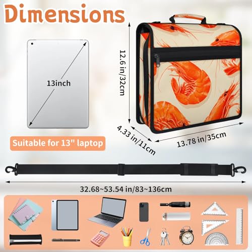 Shrimp Ocean Food Zipper Binder, 3 D-Ring Expanding File Folder with Handle & Adjustable Shoulder Strap, 400 Sheets Capacity Multi-Pocket Organizer for 13 Inch Laptop - color: Shrimp Ocean Food