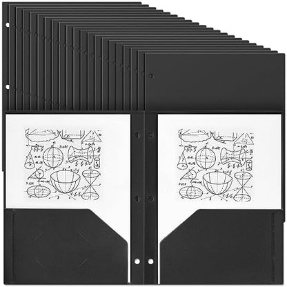 Yeaqee 100 Pcs Plastic Folders with Pockets Bulk 3 Hole Punched 2 Pocket File Folders for 3 Ring Binder Divider Folder for Notebooks, Durable Poly for Office Home (Black) - color: Black