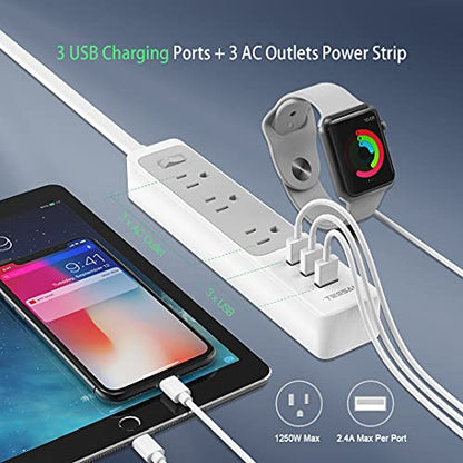 Flat Plug Power Strip with USB, TESSAN Slim Nightstand Desktop Charging Station with 3 USB Ports 3 Electrical Outlet, 5 ft Extension Cord Long Power Strip Mountable for Home, Office Dorm Essentials