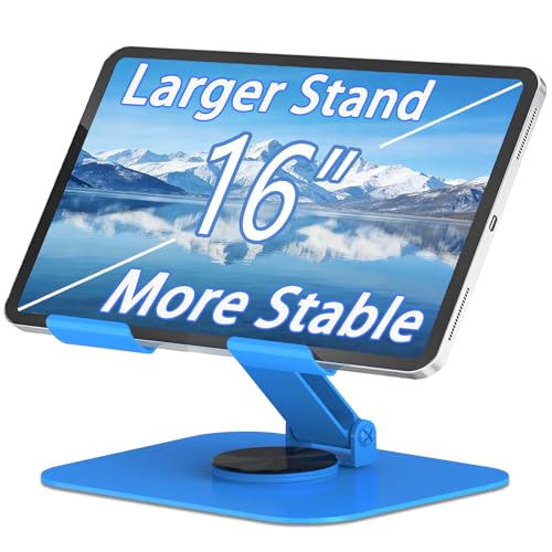 Large Metal Tablet Stand 360° Rotation for 4-16” Tablet, Blue | Suitable for All iPad Models, Stability Base, Fully Folded, Easy to Store and Carry, Wide Footrest, Heat Dissipation Design - color: Blue