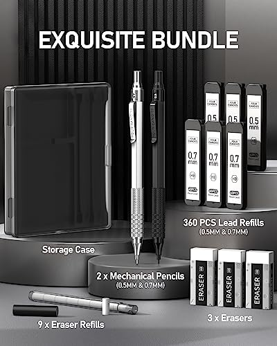 Four Candies 2PCS 0.5mm & 0.7 mm Metal Mechanical Pencils Set, 360PCS Lead Refills, 12 Erasers, Cool Lead Pencil with Case for School Writing, Sketching, Technical Work, Art Projects, Black & Silver - color: Silver+Black (2PCS)