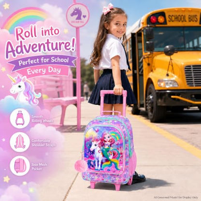 gxtvo Girls Rolling Backpack, Cute Mermaid Roller Wheels Kids Bookbag - Wheeled Elementary School Bag - 3PCS Mermaid - color: Uv Printing Mermaid Unicorn Pink Rolling Backpack