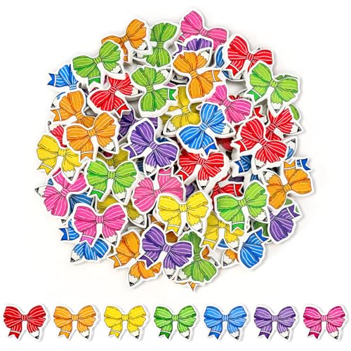 JarThenaAMCS 70 Pcs Back to School Mini Bulk Erasers Colorful Pencil Bow Shape Erasers for First Day of School Party Classroom Stationery Supplies Students Gifts Prizes Teacher Rewards - style: Colorful Pencil Bow