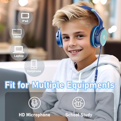 ADOOPE Kids Headphones with Safe 85dB/94dB Volume Limiter for Child/Teens, Foldable HD Stereo Sound Headset for Kindle Kids/fire Tablet/iPad/Laptop, Headphones with Microphone - color: Blue