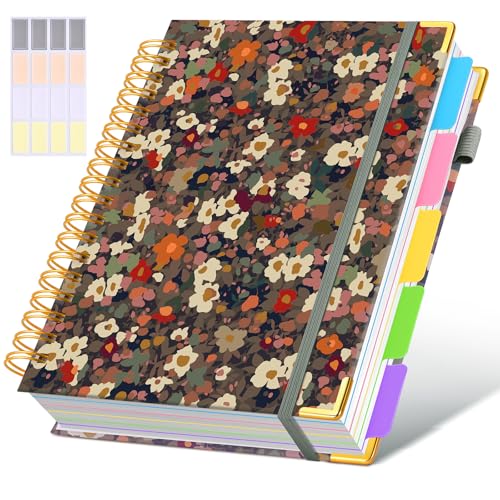 Hardcover Spiral Notebook Journal with Removable Dividers Tabs, 300 Pages 5 Subject Notebook College Ruled, 8"x10" Large B5 Notebooks for Work School Note taking, Journal for Women, Flower - color: Flower, size: 8"x10"