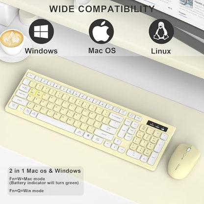 Wireless Keyboard and Mouse Combo, Full-Sized Wireless Keyboard and Adjustable DPI Mouse, 2.4GHz USB Receiver, Keyboard and Mouse for PC, Windows, Desktop, Laptop (Canary Yellow) - color: Canary yellow