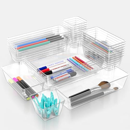 12 Piece Clear Drawer Organizer Set, 3 Sizes Bathroom Vanity Organizer Trays and Storage Bins for Makeup, Cosmetics, Jewelry, and Gadgets. Perfect for Office, Kitchen, Bedroom, Bathroom Use. - size: 12pcs-3size