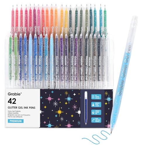 Grabie Set of 42 Glitter Gel Pens Set, Silver Sparkle Ink, 1.0mm Fine Tip Gel Pens for Adult Coloring Books, Journaling, Drawing, Scrapbooking, Smooth Writing Art Supplies - color: 42 Colors Capped Glitter Gel Ink Pens