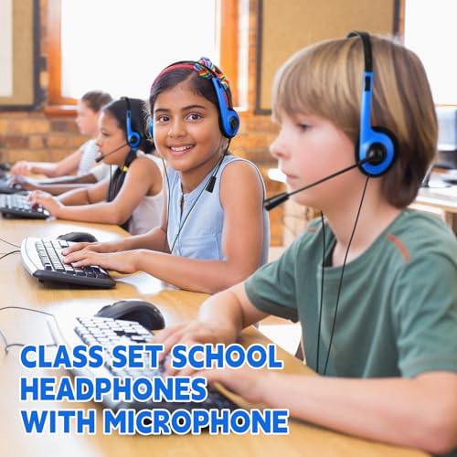Yunsailing 30 Pack Classroom Headphones with Microphone School Student Headphones Bulk Class Set Lightweight Adjustable Earphones on Ear with 3.5 mm Jack(Blue,Plastic Stem) - color: Blue, style: Plastic Stem