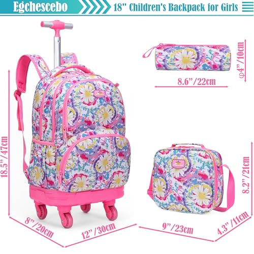 Kids Rolling Backpack for Girls Daisy Suitcases Trolley Roller Luggage Backpacks with 360° Rotating Wheels 15" Laptop Lunch Box Pencil Case for Elementary 18” Travel School Bag Pink - color: Pink-juhua-1220