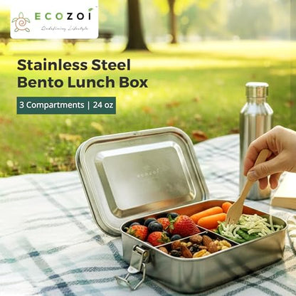 ecozoi Stainless Steel Lunch Box for Kids and Adults with 50 ml Sauce Container, 1-Tier Metal Bento Box Leak Proof with 5 Compartments, 50 Oz Metal Lunch Container, Meal Prep Food Container, - size: 3 Compartment 24 Oz