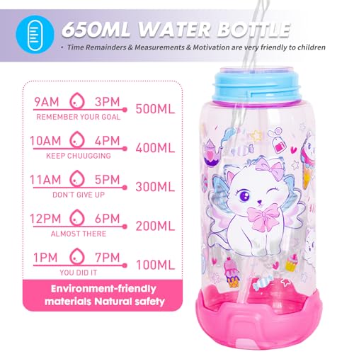 Kids Water Bottle with Straw/Lanyard for School Kids Girls Boys, 22oz BPA Free Child Drinking Water Bottle One-Click-Open Leak-Proof Locking Flip Lid for School Sport Travel - color: H07. Cat