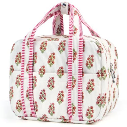 Aesthetic Corduroy Insulated Lunch Bag for Women, Floral Block Print Lunch Box with Pocket, Spacious Boho Reusable Cooler Tote for Work, School, Nurse Gift & Picnic, Leakproof (Pink White)