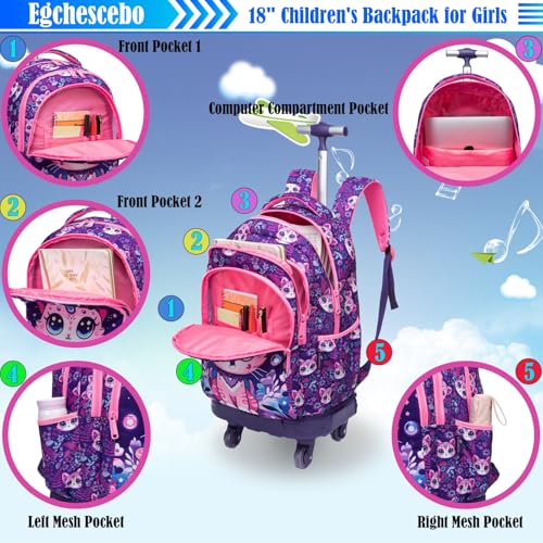 Kids Rolling Backpack for Girls Cats Suitcases Trolley Roller Luggage Backpacks with 360° Rotating Wheels 15" Laptop Lunch Box Pencil Case for Elementary 18" Travel School Bag Purple - color: Purple-maomi-1220