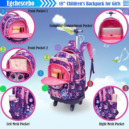 Kids Rolling Backpack for Girls Cats Suitcases Trolley Roller Luggage Backpacks with 360° Rotating Wheels 15" Laptop Lunch Box Pencil Case for Elementary 18" Travel School Bag Purple - color: Purple-maomi-1220