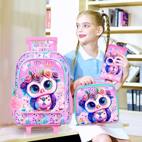 3Pcs Rolling Backpack for Girls, Owl Kids School Backpacks with Wheels, Roller Bookbag with Lunch Box for Elementary Preschool(Pink) - color: Owl Pink