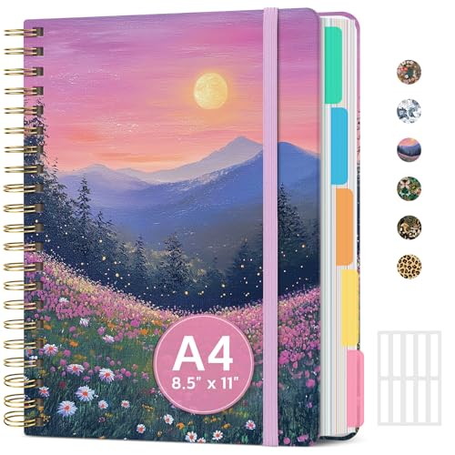 Large Spiral Lined Notebook for Work with Dividers & Tabs, 8.5"x11" Hardcover 5 Subject Notebook, College Ruled, 280 Pages, Twilight Bloom - color: A - Twilight Bloom