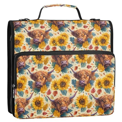 3 Ring Zipper Binder Highland Cow Sunflower Binders Bag with Shoulder Strap 500 Sheets Paper Organizer Trapper Keeper Documents Storage File Folder for School Office - color: A1358