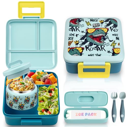 Bento Lunch Box for Kids with 8oz Soup Thermo Leak-Proof Lunch Food Containers with Snack Sauce Container for Kid Girls Boys to School (Screaming Dinosaur) - color: Cartoon Screaming Dinosaur