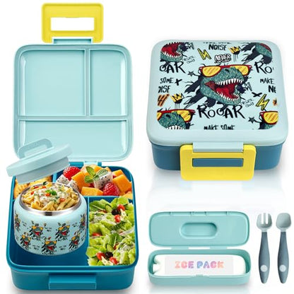 Bento Lunch Box for Kids with 8oz Soup Thermo Leak-Proof Lunch Food Containers with Snack Sauce Container for Kid Girls Boys to School (Screaming Dinosaur) - color: Cartoon Screaming Dinosaur