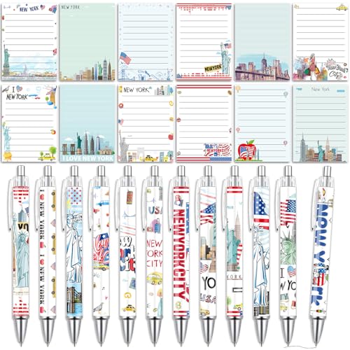 Wxiben New York Sticky Notes with Pens 24 Pcs NYC Notepads City Travel Ballpoint Pens Bulk USA Themed Notes Black Ink Pen New York Souvenir Gifts for Home Traveler Office Party Favor - color: Blue