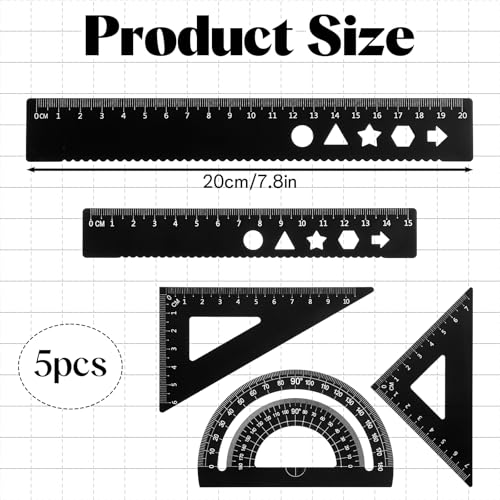 5Pcs Metal Geometry Set, Metal Ruler Set with Protractors, Triangle Rulers, Rulers, Compass for Math, School, Office (Black)