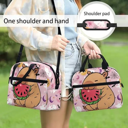 Capybara Simply Modern Lunch Box Kids 4-6 Pink Halloween Preschool Lunch Box for Girls 6-8 Kindergarten Meal Bag 8-10 Toddler Boys Elementary School Lightweight Adjustable Shoulder Strap - color: Pink Halloween Capybara