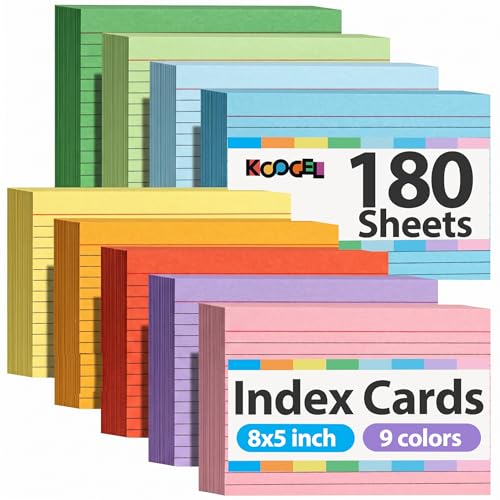Koogel 180PCS Large Colored Index Cards 5x8, Neon Double-Sided Lined Cards | Flash Cards with Both Sides Notecards for Back To School Studying School Classroom Note Taking Recipes Supplies - size: 5x8, style: Lined