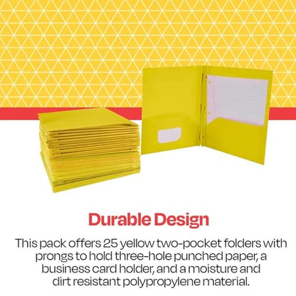 School Smart 2-Pocket Poly Folders with Fasteners, Yellow, Pack of 25 - color: Yellow, style: Fasteners