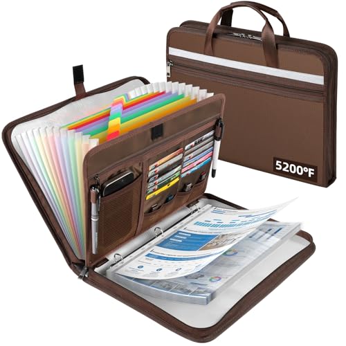 Fireproof Document Bag with Accordion File Organizer(Brown) | Upgraded 5200°F Aluminum Foil Fire Protection, Zipper Expanding File Binder Folders with 30 Sheet Protector - color: Brown