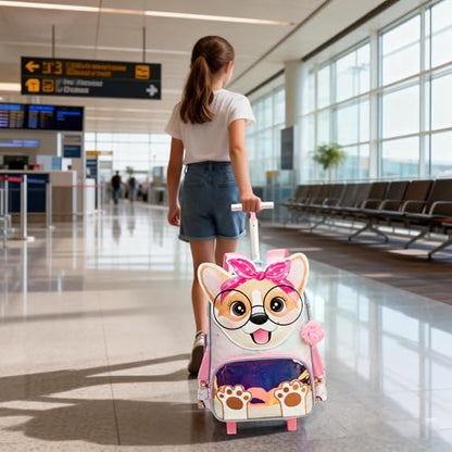 Meetbelify Backpack with Wheels for Girls Rolling Backpack Cute Carry on Backpack Kids Luggage with Lunch Box Pencil Case for Elementary Student - color: Dog