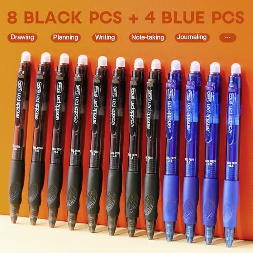 12 Pack Clicker Erasable Gel Pens, Fine Point (0.5mm), 8 Black 4 Blue Ink with Eraser, Make Mistakes Disappear, Soft Grip for Students, Writing, Note Taking, School & Office Supplies - color: 8 Black 4 Blue