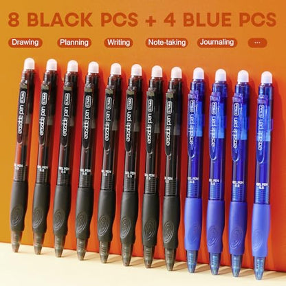 12 Pack Clicker Erasable Gel Pens, Fine Point (0.5mm), 8 Black 4 Blue Ink with Eraser, Make Mistakes Disappear, Soft Grip for Students, Writing, Note Taking, School & Office Supplies - color: 8 Black 4 Blue