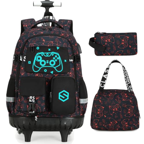 Scothen Rolling Backpack for Boys, Cool Luminous Gamer Roller School Backpacks for Boys with Lunch Bag and Pencil Pouch, Kids Backpack Bookbag with Wheels for Kindergarten Elementary Middle School - color: Red Print