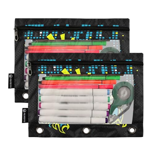Play Game Binder Pouches 3 Ring for Boys Girls School Office College Supplies Toy Game pad Black Pencil Pouches Case Bag with Clear Window and Zipper 2 Pack - color: Game