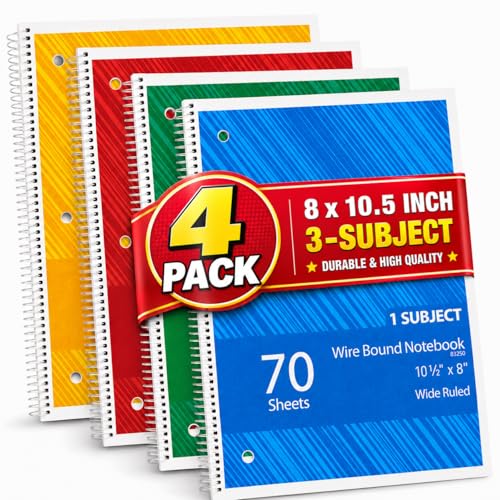 1InTheOffice Spiral Notebook 8.5x11 Wide Ruled, 1-Subject Notebooks, Wirebound Spiral Notebooks, 3-Hole Punched, 70 Sheets, Assorted Colors, 4 Pack