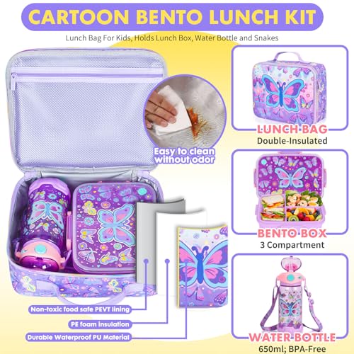 Kids Bento Lunch Box Set with 1200ml Leak-Proof Lunch Containers with 3 Compartments, 22oz BPA-Free Water Bottle, Insulated Lunch Bag for Back to School Kids Girls Boys - color: Butterfly