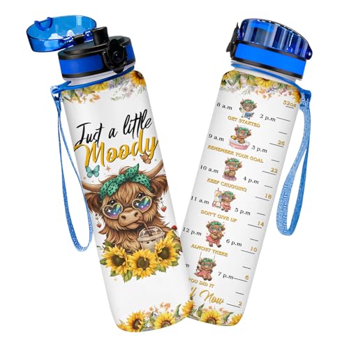Highland Cow Motivational Time Marker Water Bottle 32oz, Flip Lid Carry Strap, Cute Farm Animal Hydration Tracker for Travel Gym School Work, Gifts Birthday - color: Yellow White