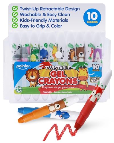 Pointer Twistable Gel Crayons Set for Children - 10 Bright Colors, Smooth & Washable, Non-Toxic Art Supplies for Drawing, School Projects, Crafts and Creative Learning Coloring Tool - Animal Design