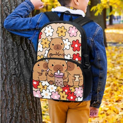 Horeset Capybaras Hippie Daisy Backpack Set for Girls Kids 17inch Bookbags with Water Bottle Cover Picnic Insulated Lunch Tote Bag Set of 3 Large Capacity Elementary Middle School Bags Rucksack - color: Capybaras Hippie Daisy