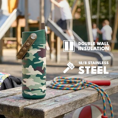 Elemental Insulated Kids Water Bottle, Stainless Steel Water Bottle with Straw Lid & Pop-It Handle, Leak-Proof Water Bottles for School, Boys or Girls, Travelling and Sports, 18oz - Green Camo - color: Green Camo