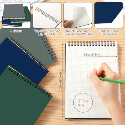 Engrowtic 6 Pack Graph Paper Spiral Notepad A5 Top Wirebound Notepad Grid Notebook Steno Pad Memo Notebook Grid Paper 140 Pages for Writing Sketching Drawing Office Supply (Dark Color) - color: Dark Color